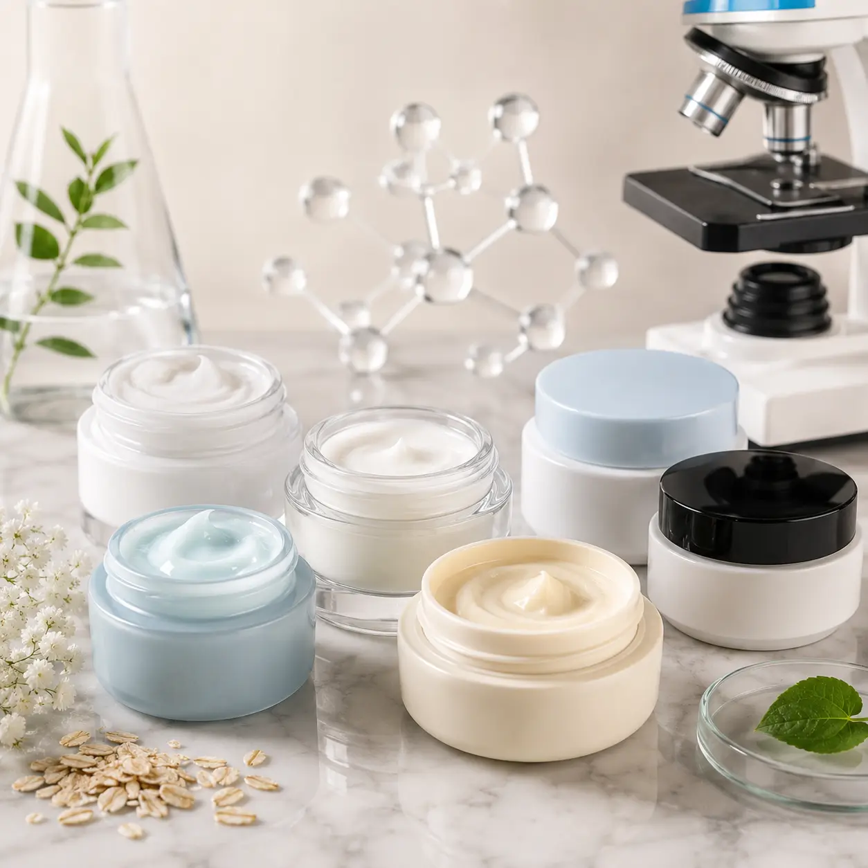 Best moisturizer for dry skin in Pakistan 2026 featuring rich moisturizing creams, skincare jars, scientific laboratory elements, molecular structure model, and hydration-focused skincare formulation research.