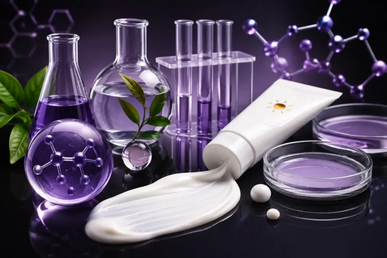 Best Sunscreen for Oily Skin in Pakistan 2026 featuring a scientific skincare formulation concept with sunscreen cream, purple-to-black active ingredients, molecular structures, laboratory glassware, and advanced UV protection technology.