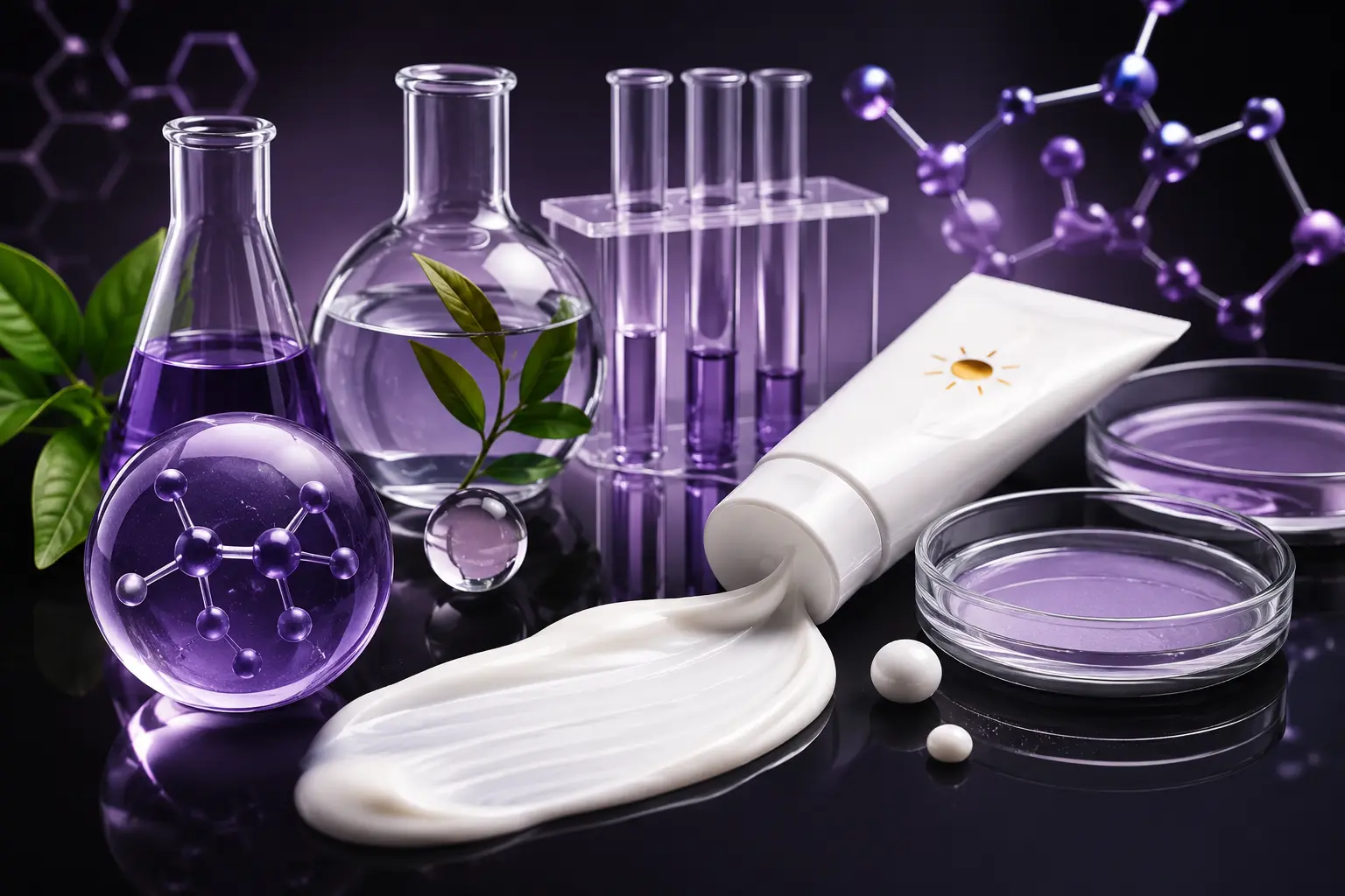 Best Sunscreen for Oily Skin in Pakistan 2026 featuring a scientific skincare formulation concept with sunscreen cream, purple-to-black active ingredients, molecular structures, laboratory glassware, and advanced UV protection technology.