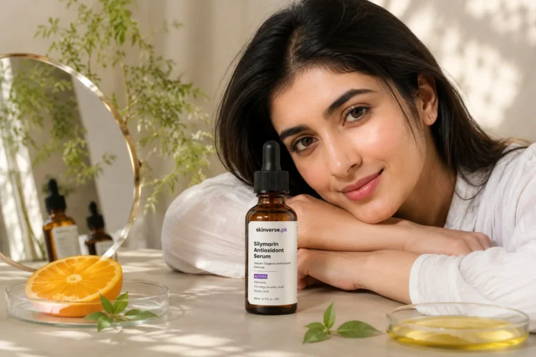 Best Vitamin C serum in Pakistan 2026 – Skinverse.pk antioxidant serum with glowing Pakistani model and fresh citrus ingredients.