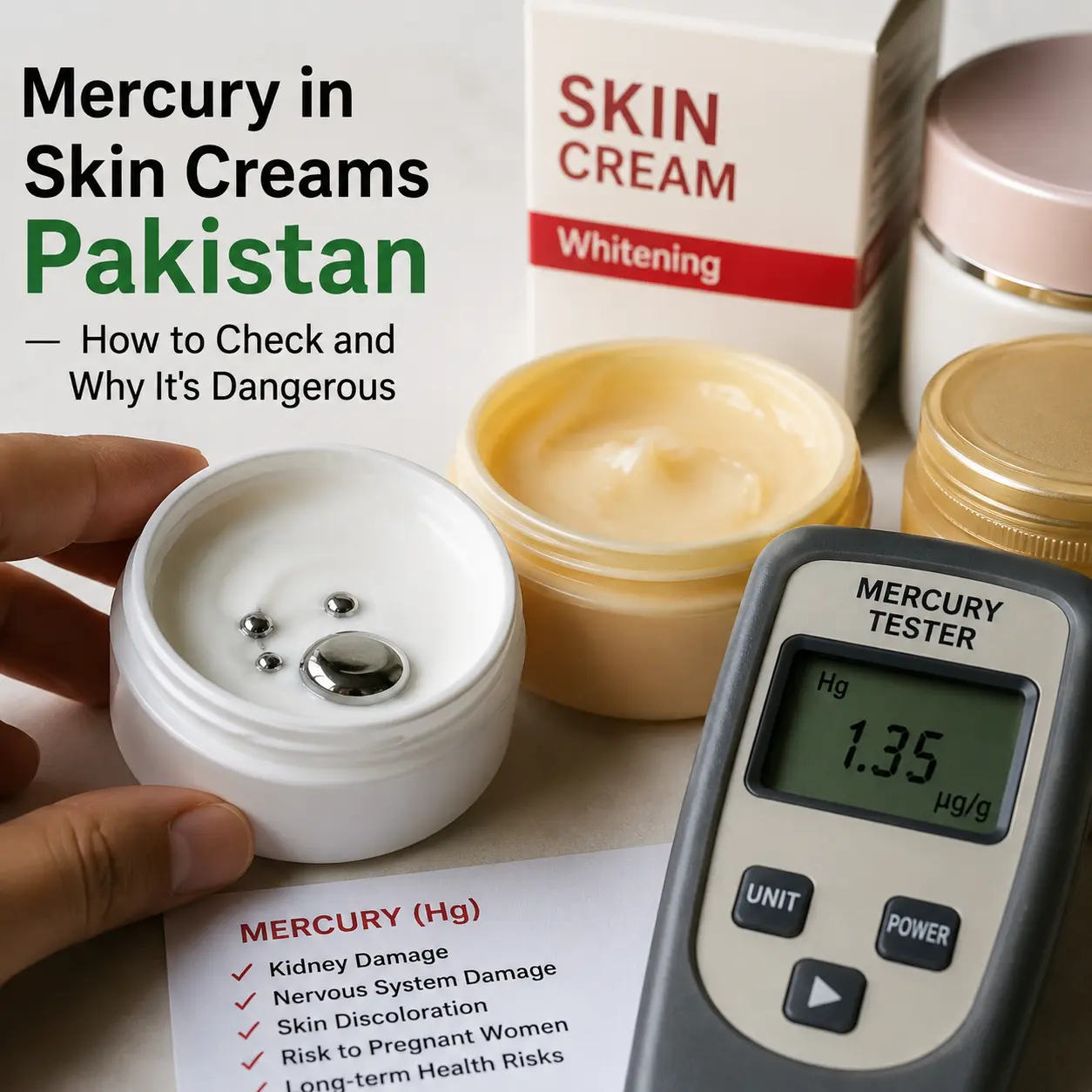 Mercury tester measuring contamination levels in skin whitening creams with cosmetic jars, mercury droplets, and health risk warning card illustrating the dangers of mercury in skin creams products in Pakistan.