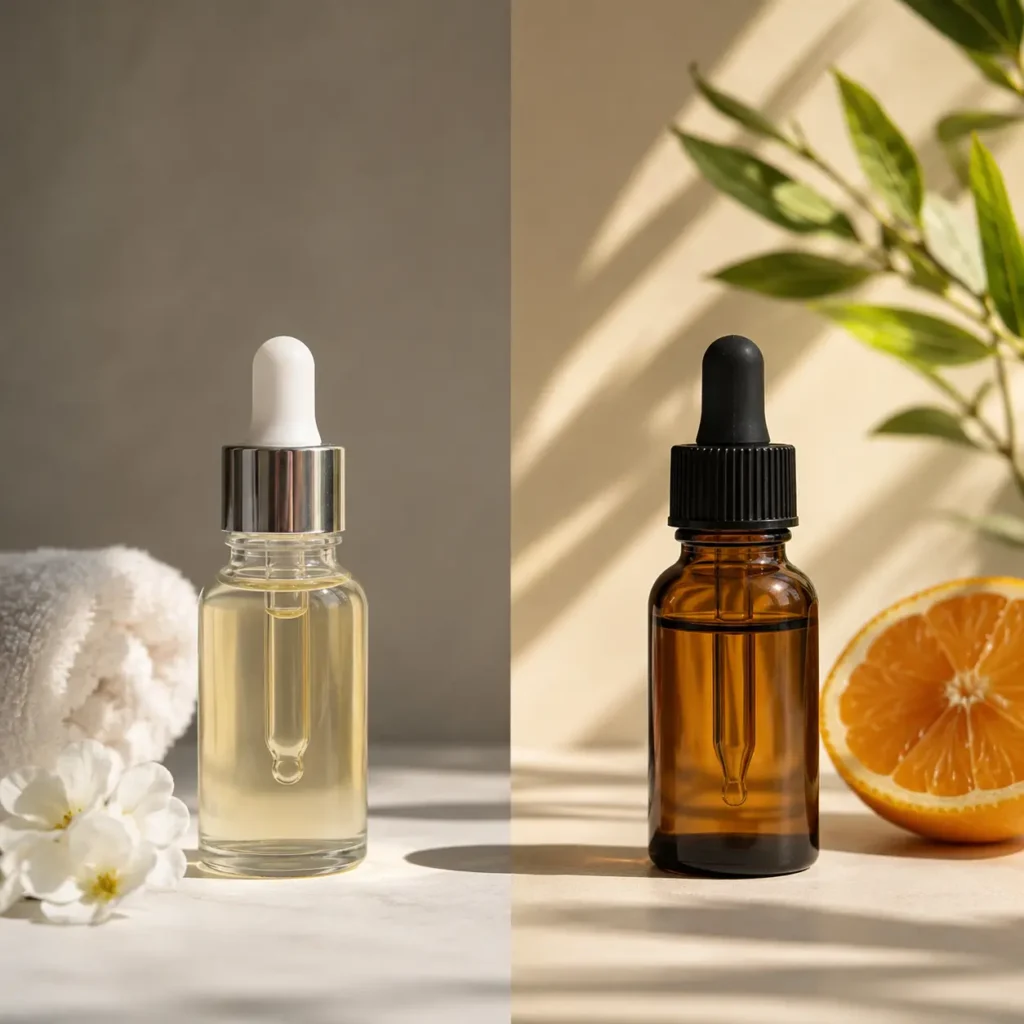 Retinol vs Vitamin C skincare serums in glass dropper bottles displayed side by side with citrus and botanical elements, illustrating a comparison of anti-aging and brightening ingredients for Pakistani skin.