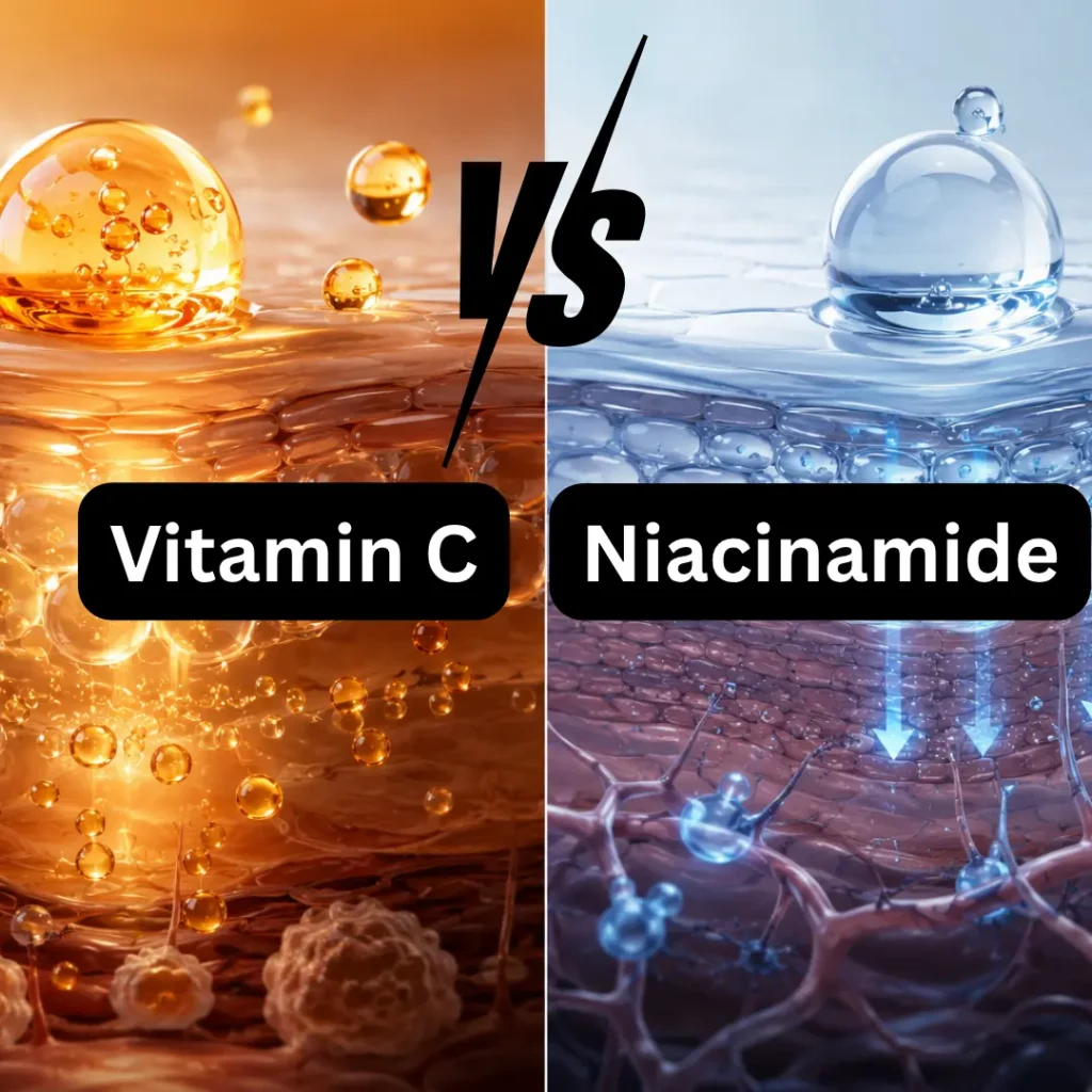 illustrating Vitamin C vs Niacinamide for Dark Spots, showing different cellular mechanisms, ingredient penetration pathways, skin barrier interactions, pigmentation reduction processes, and brightening effects without text labels.