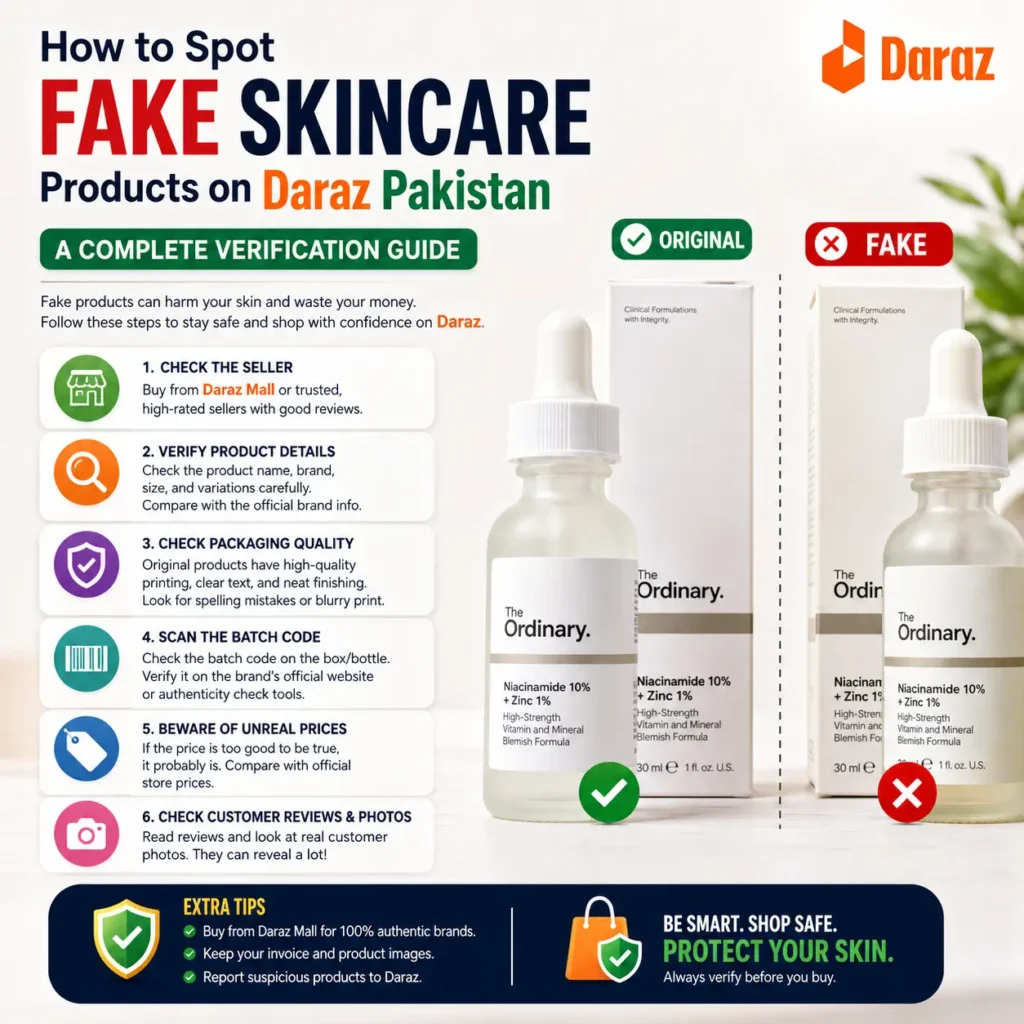 Fake skincare products on Daraz Pakistan verification guide showing authentic vs counterfeit skincare packaging, seller checks, batch code verification, product review analysis, and tips to identify fake skincare products on Daraz before purchase. Explained image