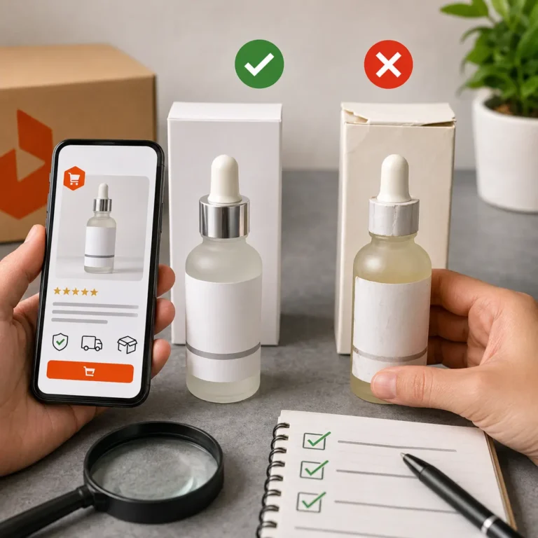Fake skincare products on Daraz Pakistan verification guide showing authentic vs counterfeit skincare packaging, seller checks, batch code verification, product review analysis, and tips to identify fake skincare products on Daraz before purchase.